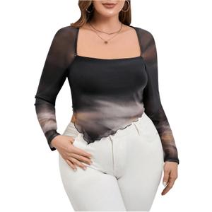 MakeMeChic Women's Plus Size Tie Dye Square Neck Lettuce Trim Asymmetrical Long Sleeve Tee Shirt Tops (Black, XXXL)