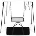 Bruntmor Grill Swing Campfire Cooking Stand BBQ Grill for Cookware & Dutch Oven Adjustable Collapsible Legs with Hooks & Accessories & Carrying Case Black