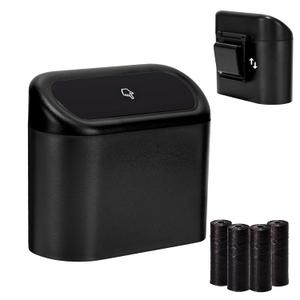 Ginsco Mini Car Trash Can with Lid, Small Car Garbage Can, Cute Leakproof ABS Car Trash Bin, Car Accessories for Interior, Garbage Bin for Car, Home, Office with 60pcs Trash Bags Black