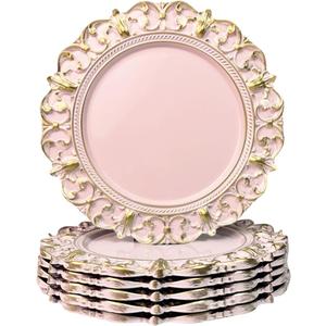 Pink Charger Plates, 13 Inch Plate Chargers for Dinner Plates. Set of 6 Plastic Embossed Charger for Dinner, Party, Wedding.