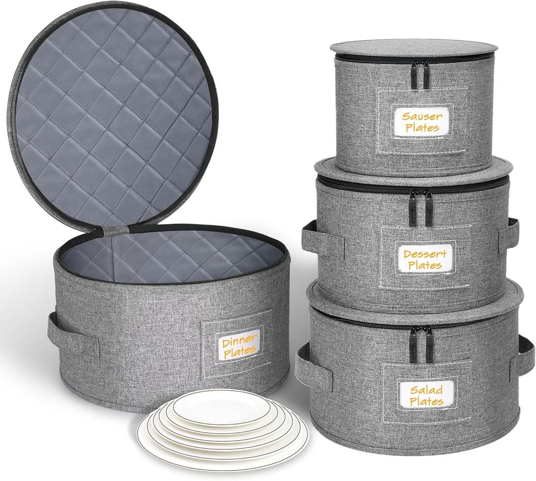 punemi China Storage Containers, Dish Storage w/Hard Shell Top Side Bottom Support & Felt Dividers for Charger Plates Dinnerware, Perfect for Moving Supplies, 4 set Stackable Fine China Storage, Gray