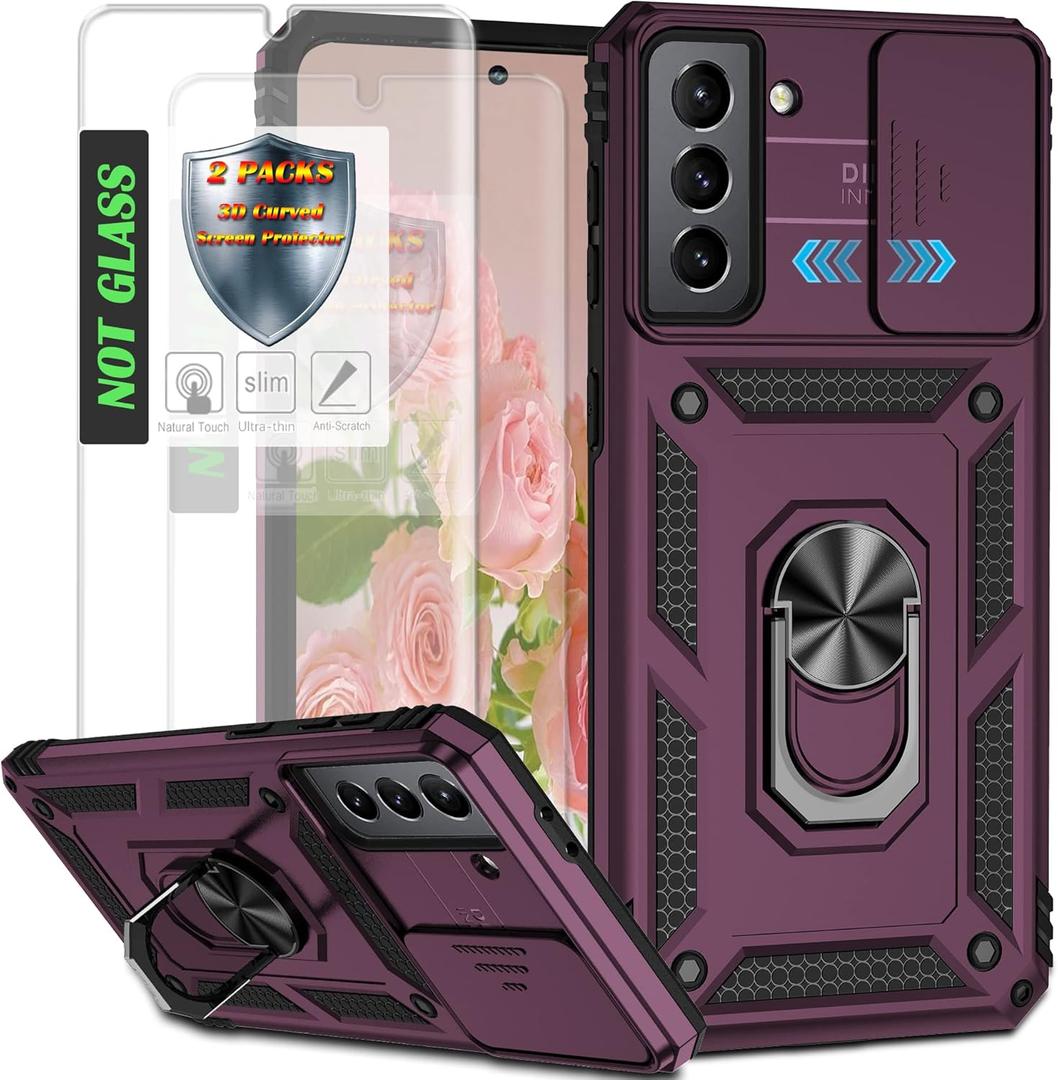 AYMECL for Galaxy S21 Plus 5G Case with Slide Camera Cover & [2 Packs] Self-Healing Screen Protector,Built-in 360 Rotate Stand Protective Case for Samsung Galaxy S21+ 5G 6.7 inch-Wine Red