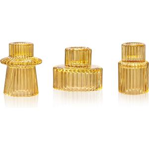 WELLIFE 3 Pcs Amber Glass Candle Holder, Taper Candle Holder, Amber Glass Candlestick Holder for Party, Wedding Decorations, Table Centerpieces and Thanksgiving