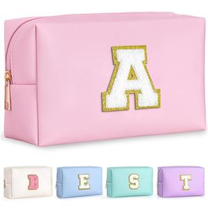 TOPEAST Initial Makeup Bag, Birthday Gifts for 4 5 6 7 8 9 10 11 12 Year Old Teen Girls, Personalized Preppy Cosmetic Bags Toiletry Bag (Pink A)
