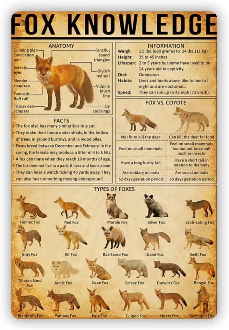 Fox Knowledge Metal Tin Signs Types Of Foxes Vintage Posters School Education Living Room Bathroom Kitchen Home Art Wall Decor Plaque Gifts