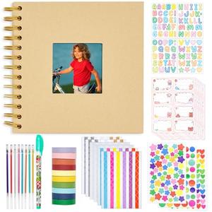 Kid Scrapbook Photo Album Hard Cover DIY Photo Album for Kids Instant Camera Print Paper with DIY Accessories (Brown)