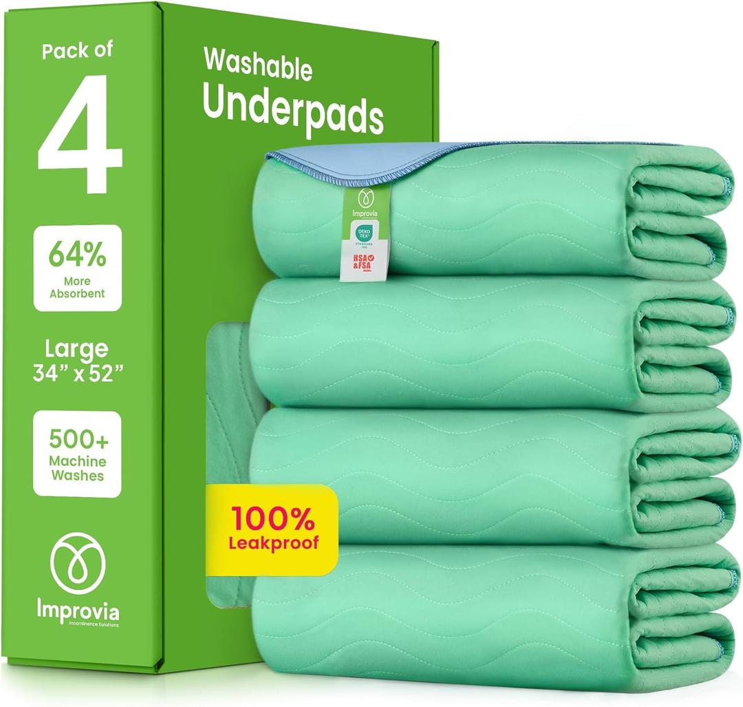 IMPROVIA Washable Under pads, 34" x 52" (Pack of 4) - Heavy Absorbency Reusable Incontinence Pads for Kids, Adults, Elderly, and Pets - Waterproof Protective Pad for Bed, Couch, Sofa, Furniture, Floor (Green)
