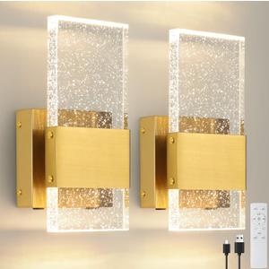 Gold Battery Operated Wall Sconces Set of 2,USB Rechargeable Dimmable LED Wireless Wall Light with Remote Control,Cordless Wall Lamp Set of Two for for Bedroom Living Room Bedside