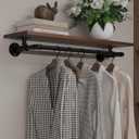 Clothes Rack 36in, Wall Mounted Garment Rack with Real Walnut Wood Shelf, Heavy Duty Hanging Clothes shelf, Multi-Purpose Hanging Rod, Space-Saving Closet Storage (Walnut, 1T36IN)