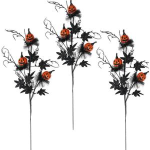 3 Pack Halloween Branches Picks Stems Glitter Fake Twig with Pumpkin Berries Black for Vases Haunted House Gothic Floral Decor Artificial Berry Stems for Vase (A)