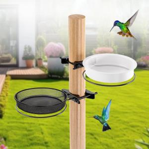 Bird Feeder for Railing Pole, Bird Feeding Station with Metal Mesh Food Tray and Water Bowls Adjustable 2.7" Pole Hummingbird Feeders for Outside Birdbaths Birdfeeder Fences Deck