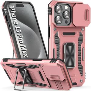 Phone Case for iPhone 15 Pro Max Case iPhone 15 Pro Max Phone Case with Camera Cover, with Ring Holder Kickstand, with Magnetic Car Mount Function, for iPhone 15 Pro Max (Rose Gold)