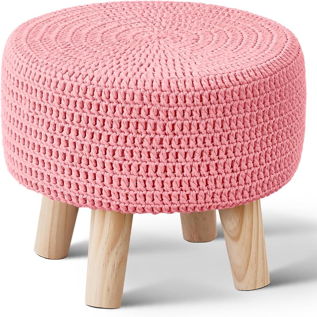 Wimarsbon Pouf Ottoman, 100% Cotton Knitted Boho Footstool, Round Footrest with Non-Skid Wood Legs, Home Dcor Handmade Pouffe, Leisure Floor Step Stool for Living Room (Pink)