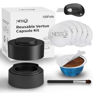 Reusable Vertuo Pods Kit for Nespresso, Reusable Vertuo Capsule for Nespresso with 100PC AL Foil Seals Lids, Refillable Coffee Pods for VertuoLine Compatible with VertuoPlus Espresso Machine