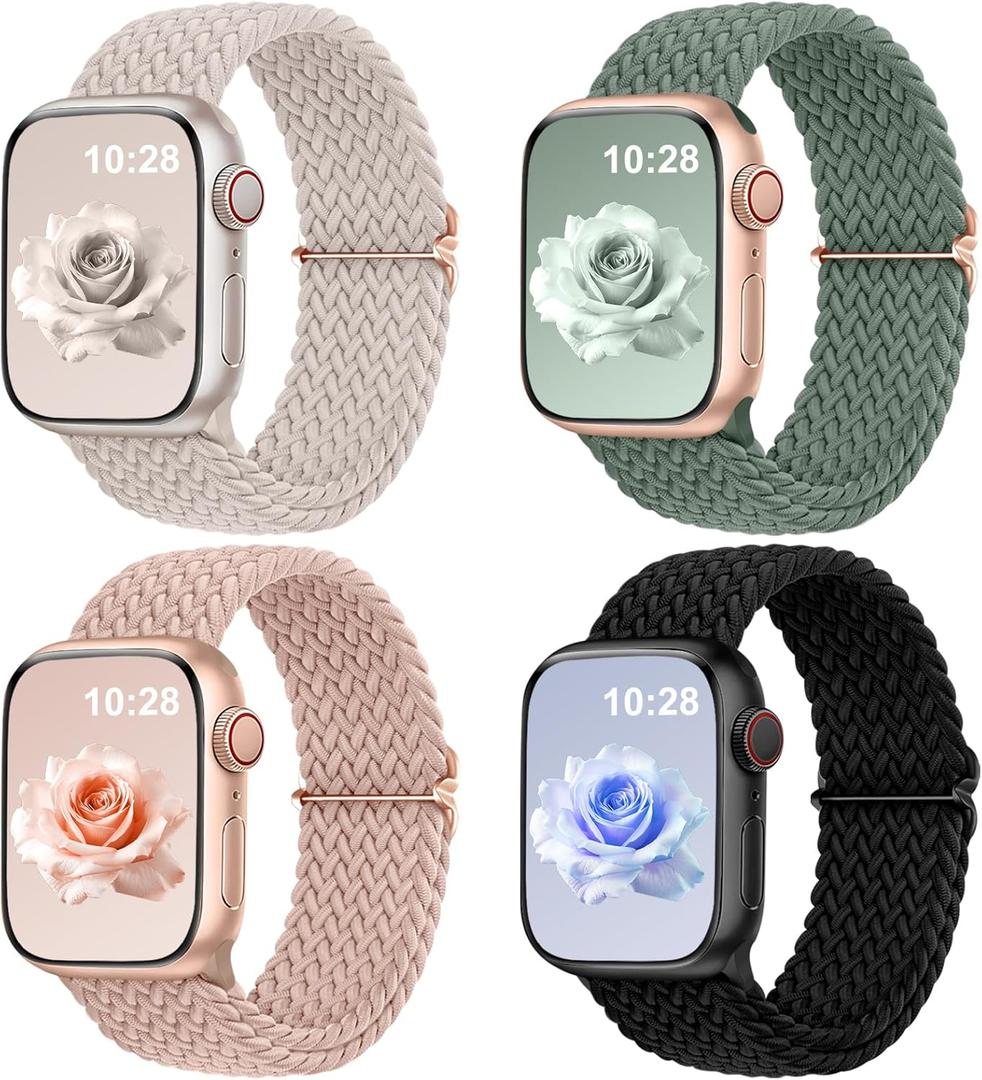 DaQin 4 Pack Braided Stretchy Solo Loop for Apple Watch Bands Women Men 40mm 41mm 42mm 44mm 45mm 46mm 49mm 38mm, Soft Nylon Elastic Sport Strap for iWatch Band Series 11 10 9 8 7 6 5 4 3 2 1 SE Ultra