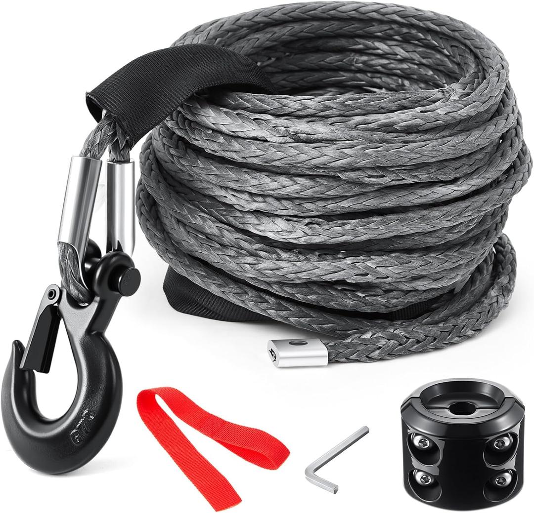 Synthetic Winch Rope Kit 3/8 x 50 ft Winch Line with 13,348 Pounds Bearing Load, 3/8 Forged Hook with Protecting Sleeve Rubber Stopper Safety Pull Strap Cable Replace Kit for ATV UTV Vehicle