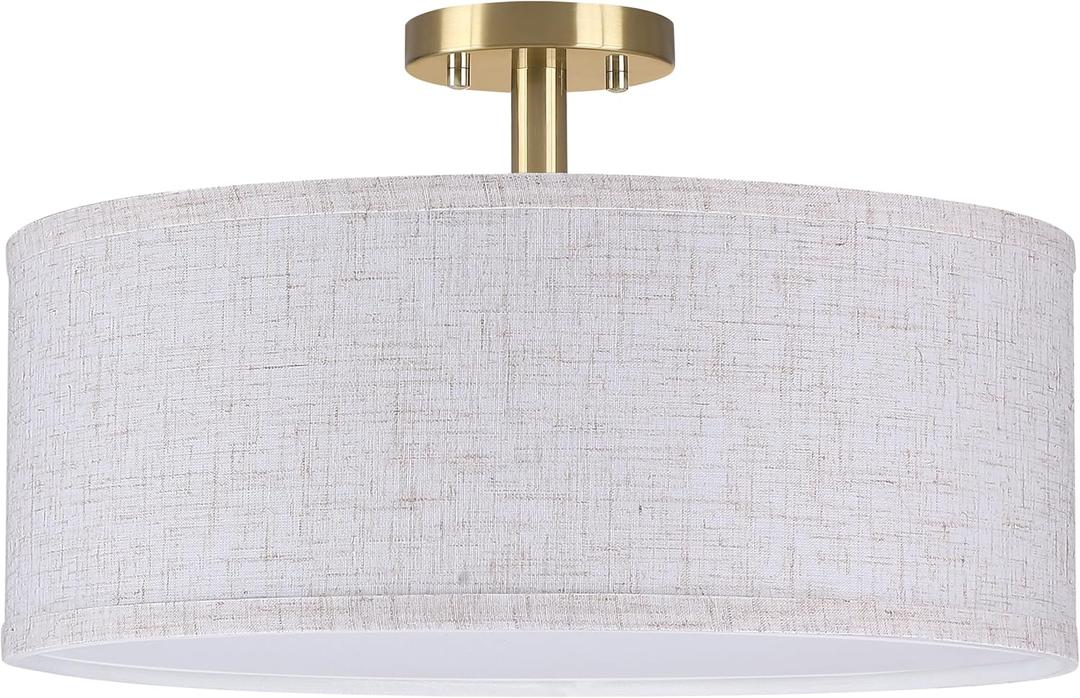 20 Inch Drum Gold 4 Light Semi Flush Mount Close to Ceiling Light Fixture,Linen Fabric Shade for Bedroom,Living Room,Dining Room Hallway