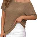 Cakulo Womens Off The Shoulder Batwing Short Sleeve Crochet Tops 2026 Spring Summer Sweater Top Knit Beach Cover Up (Small, Khaki)