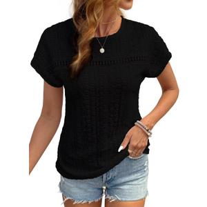 SKVON Womens Tops Casual Scoop Neck Short Sleeve Embroidered Lace Hollow Out Shirts Loose Tunic Knit Boho Blouses (Black, XXL)