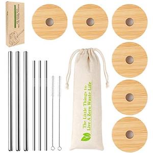 CNVOILA Bamboo Lids for Beer Can Glass, Regular Mouth Mason Jar Lids Mason Jar Lids With Straw Hole, & 3 Stainless Steel Boba Straw & 3 Stainless Steel Thin Straw - 6 Pack Set