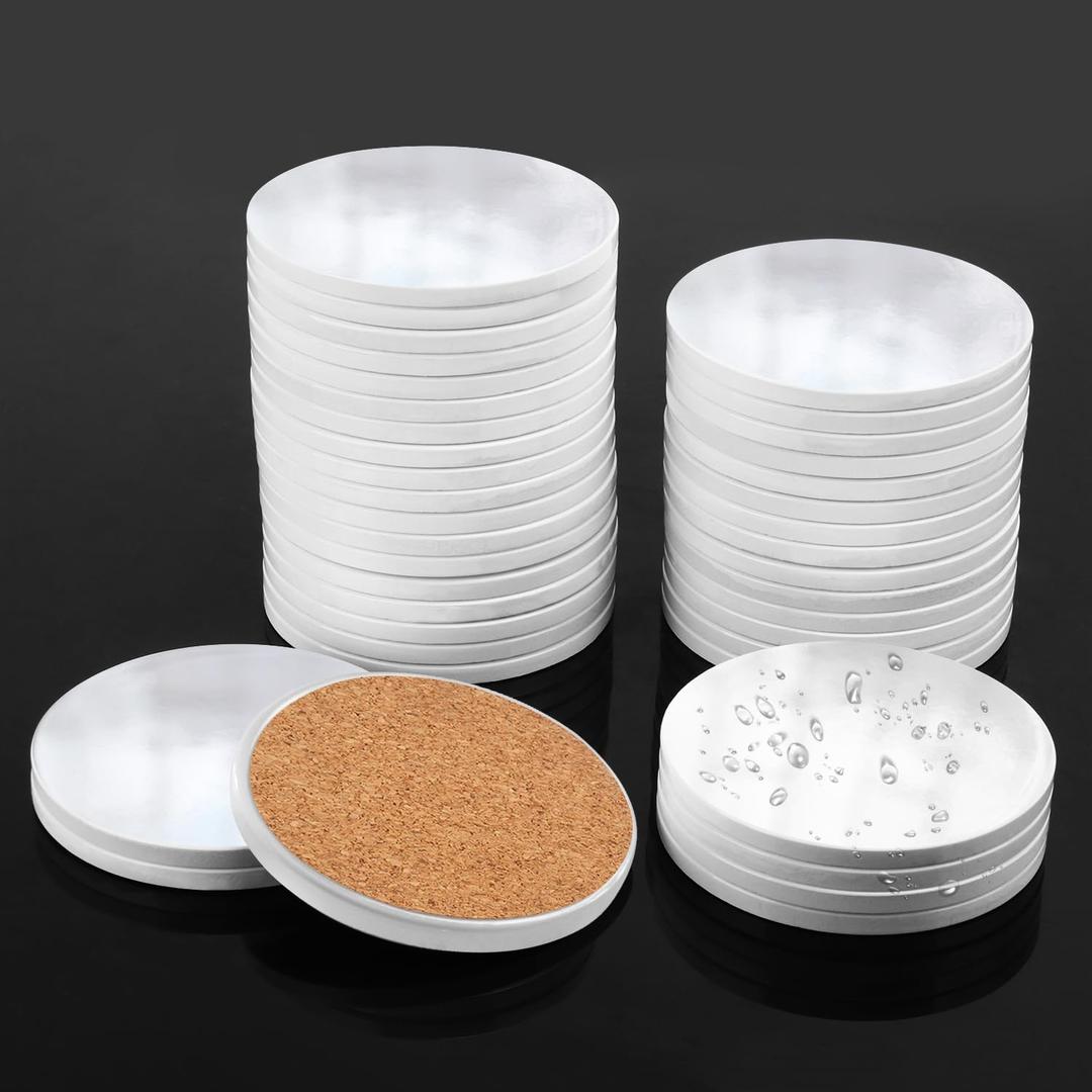 GNIEMCKIN 50pc 4" Sublimation Blank Ceramic Coasters, Glazed, Round with Cork Backing, DIY Crafts, Circular, White