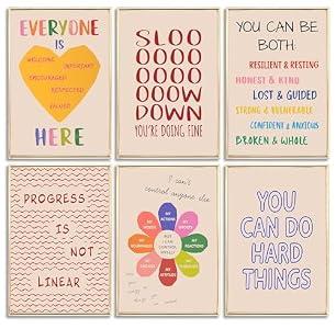6Pcs Mental Health Wall Art Therapy Office Wall Decor Classroom Poster Motivational Inspirational Quotes Pictures Boho Painting Positive Artwork Canvas Prints for Home Counseling Office Decor Unframed