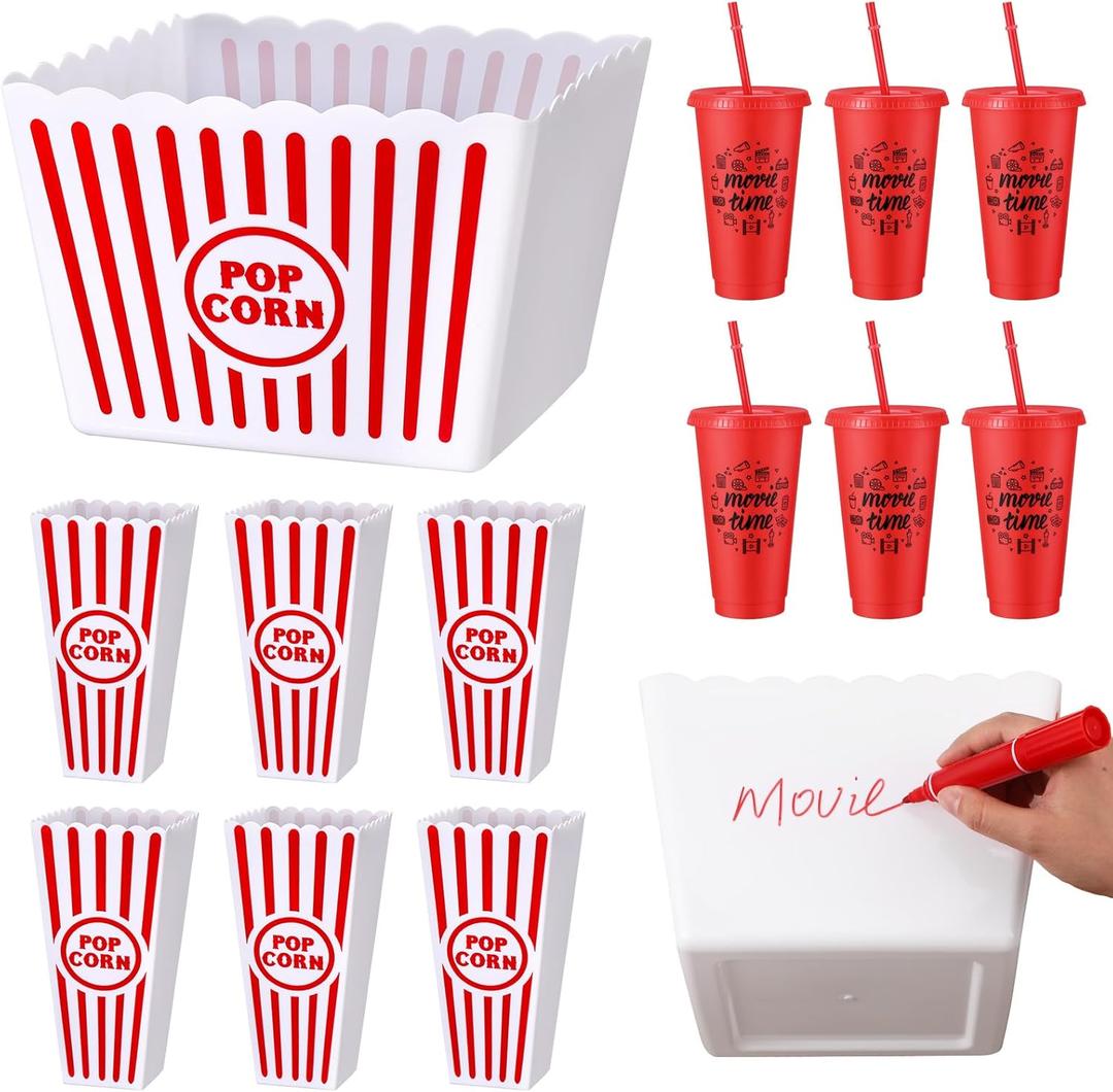 Reallnaive 15 Pcs Movie Night Popcorn Organizer Set Family Red & White Striped Plastic Popcorn Container Reusable Drinking Cup for Holiday Parties, Family Gatherings & Home Theater