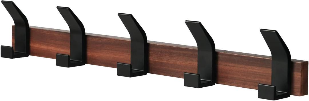 Walnut Wall Mounted Coat Rack, 17.32 Inch Wooden Wall Coat Hanger with 5 Metal Double Hooks, Heavy Duty