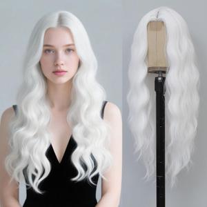 White Wig 26 Inch Long Wavy Wig for Women - Heat Resistant Synthetic Hair Middle Part Curly Wig Natural Look for Daily Party Cosplay Costume Use