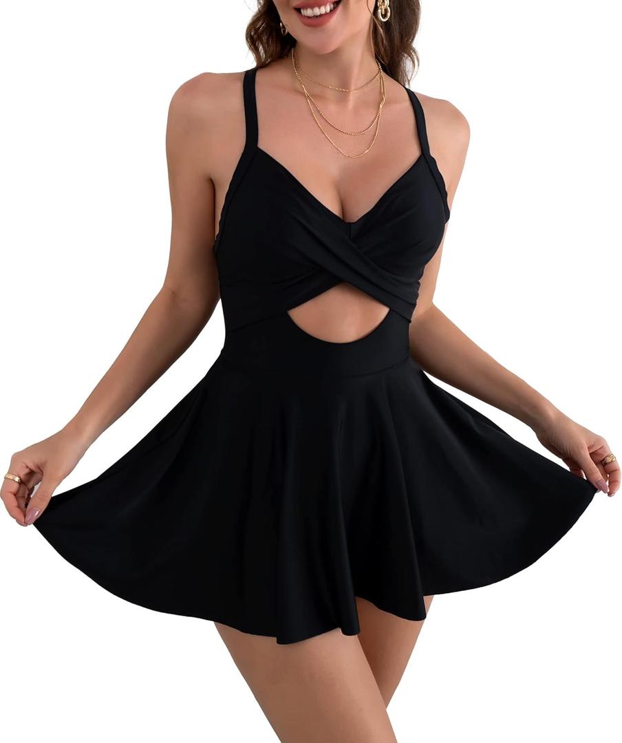 B2prity Women Cutout One Piece Skirt Swimsuit V Neck Wrap Tie Back Swimdress Tummy Control Bathing Suit(Black,XL)