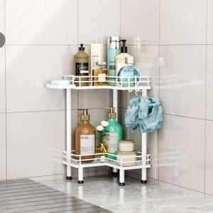 HapiRm Corner Shower Caddy Standing - 2 Tier Shower Organizer Corner with Soap Holder, Rustproof Bathroom Standing Organizer with 4 Hooks, White