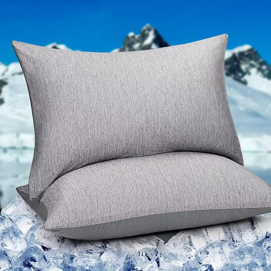 HOMFINE Cooling Pillowcases Standard Size - Double Side Q-Max 0.439 Cooling Fiber for Pillow Protector, Breathable Cold Pillow Cover for Hot Sleeper Night Sweat, Hidden Zipper, 2 Pack (20"x26", Grey)