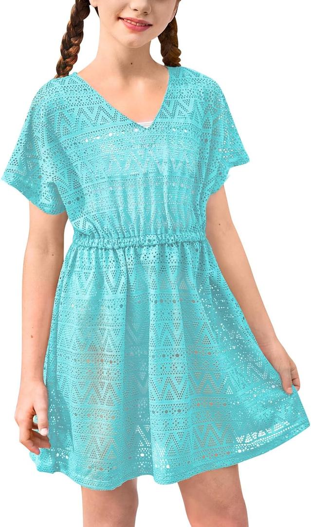 BesserBay Summer Swim Cover Up Crochet V Neck Short Sleeve Beach Swimwear Kids Hollow Out Swimsuit Blue Size 9-10 Years