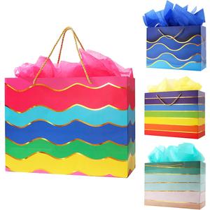 Cmecial 16" Extra Large Gift Bags with Tissue Papers, Multicolor Striped, 4 Pack, Rainbow Theme, Multiple Occasions