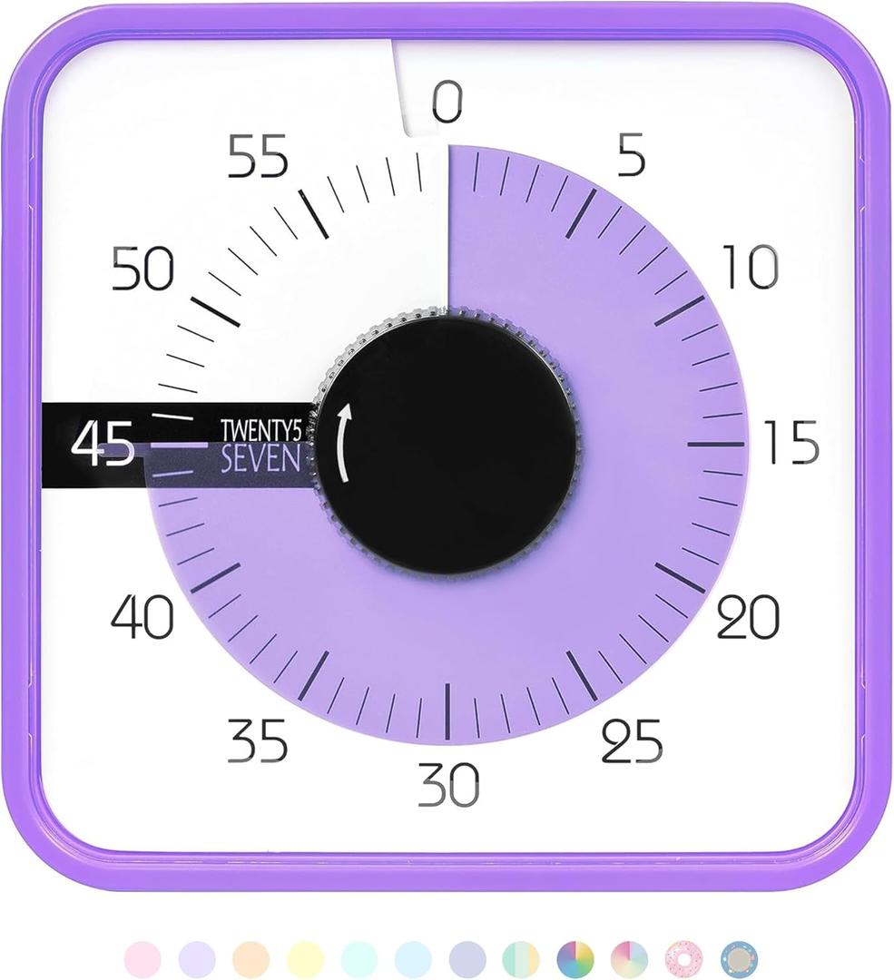 TWENTY5 SEVEN Countdown Timer 7.5 inch; 60 Minute 1 Hour Visual Timer  Classroom Teaching Tool Office Meeting, Mechanical Countdown Clock for Kids Exam Time Management Magnetic, Purple