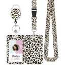 Uniclife Fashionable Sliding Badge Holder Leopard Print Plastic Case with Retractable Badge Reel Carabiner Clip & Detachable Lanyard Strap Vertical Card Protector for Worker Nurse Teacher Student