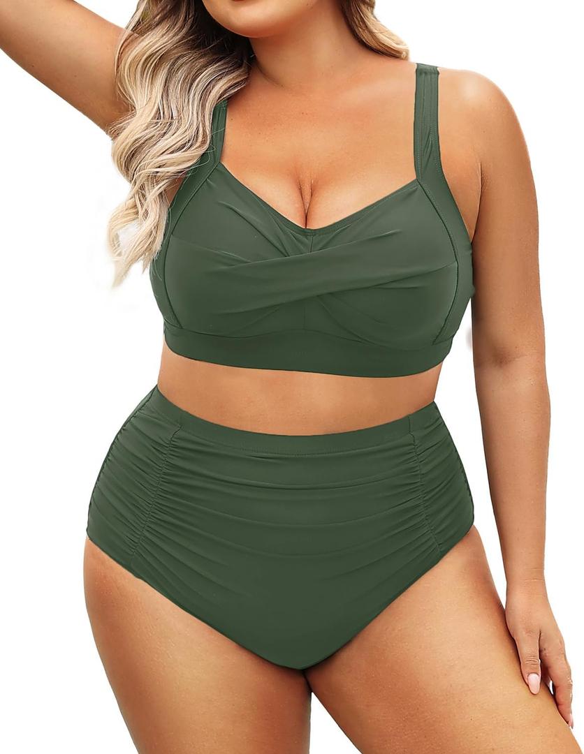 Daci Women's Plus Size Bikini Sets - High Waisted Two-Piece Swimsuits with Tummy Control, X-Large, Army Green 