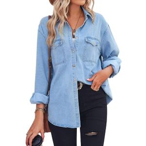 chouyatou Women's Spring Long Sleeve Denim Jean Shirts Button Down Shirt Business Casual Tops (Medium, Blue)