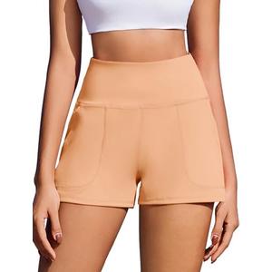PINSPARK Workout Shorts Women Wide Leg Athletic Shorts High Waisted Yoga Shorts Tummy Control Gym Short with Pockets, Peach, S