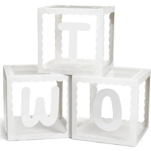 Two Birthday Decorations For Boy Girl, 3 Pcs TWO Balloon Boxes For 2nd Birthday, Baby Clear Blocks Party Decor With Letters For Photoshoot Props(Wavy Edge)