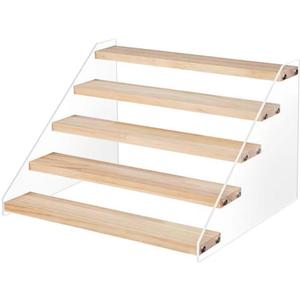 5 Tier Acrylic Wooden Display Stand, Clear Acrylic Display Riser Shelf Wood Tiered Display Shelf Rack Step Ladder Riser Stands for Cupcakes Perfumes Figures Collectibles