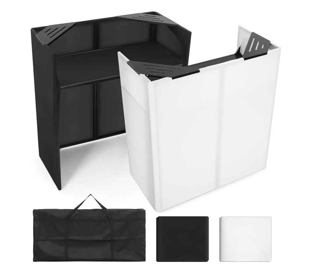 Portable DJ Facade Booth,52"L x 43.2"H x 26"W DJ Facade with White & Black Scrim,Foldable Metal Frame DJ Table Station with Adjustable Feet for Party, Black