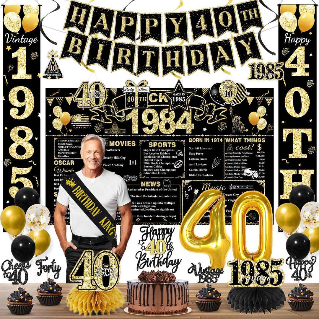 40th Birthday Decorations for Men [Back in 1985] - Black Gold Party Supplies Kit, Includes Backdrop, Sash, Centerpieces, Huge Door Banners, Number Balloons, Cake Toppers