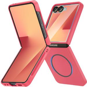 Ruky for Z Flip 7 Slim Case with Screen Protector, Full Body Cover Anti-Scratches Shockproof Hard PC Ultra-Thin, Protective Magnetic Phone Cover for Samsung Galaxy Z Flip 7 5G, Coralred