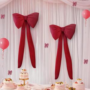 Red Bow Birthday Decorations Coquette Party Backdrop 2 Pcs Big Bow Themed Wall Decor for Room Large Door Bows Ormanents Giant Wedding Bachelorette Baby Shower Bridal Christmas Tree Decoration