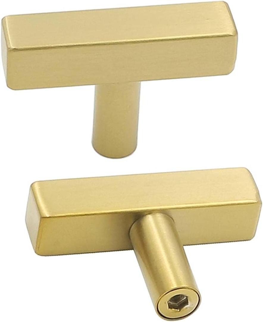 goldenwarm 10 Pack Brushed Brass Cabinet Knobs Drawer Knobs Gold Kitchen Hardware 2 inch (50mm) Overall Length - LS1212GD Square Brass Cabinet Hardware Stainless Steel T Handles (single hole knob)