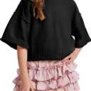 Girls Short Sleeve Sweater Kids Summer Oversized Cropped Sweaters Casual Crewneck Lightweight Knit Tops 5-14Y (Black)