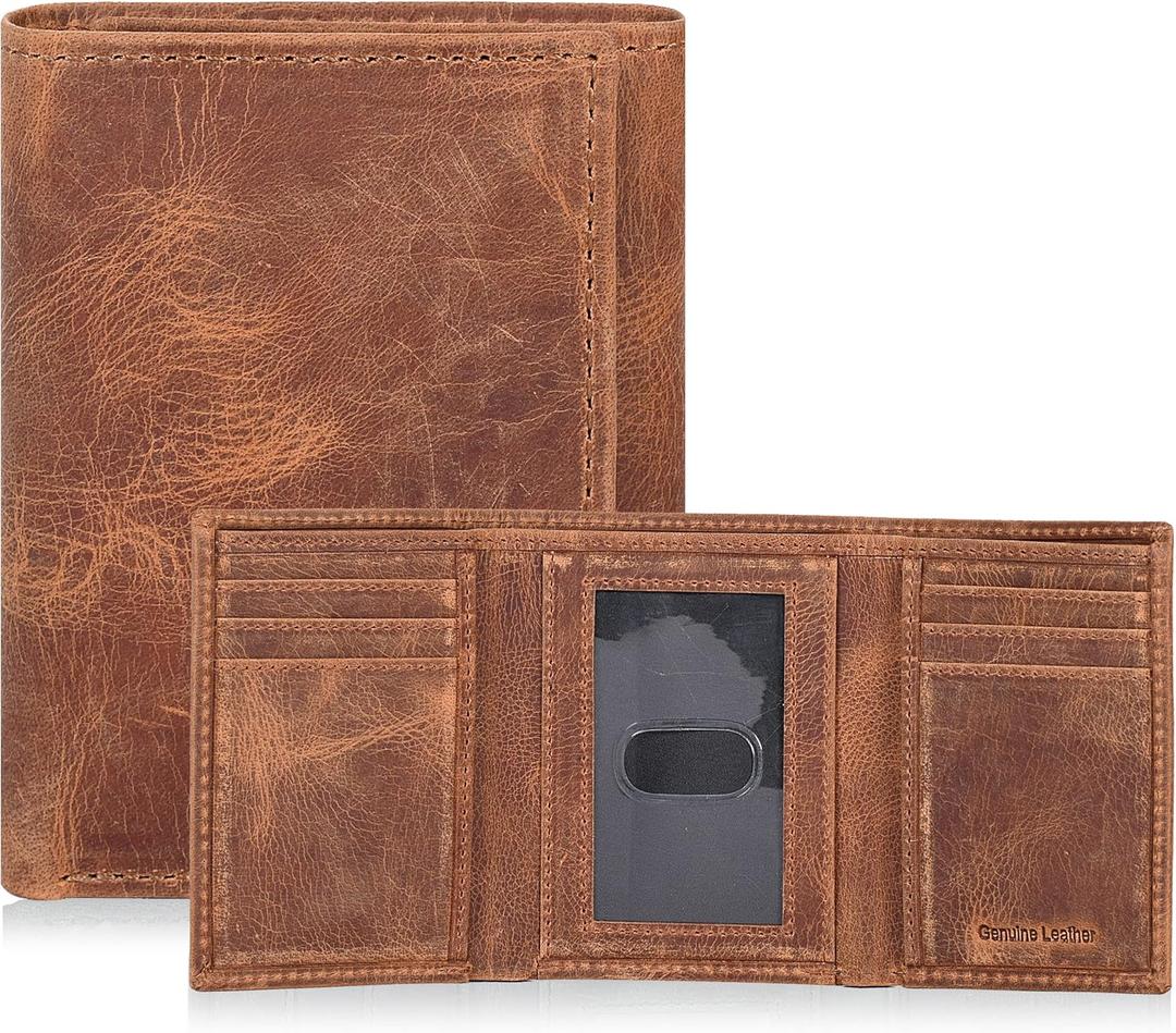 Tri Fold Leather Wallet for Men with RFID | Slim Wallets for Men with 1 ID and 6 Credit Card Slots | Front Pocket Minimalist