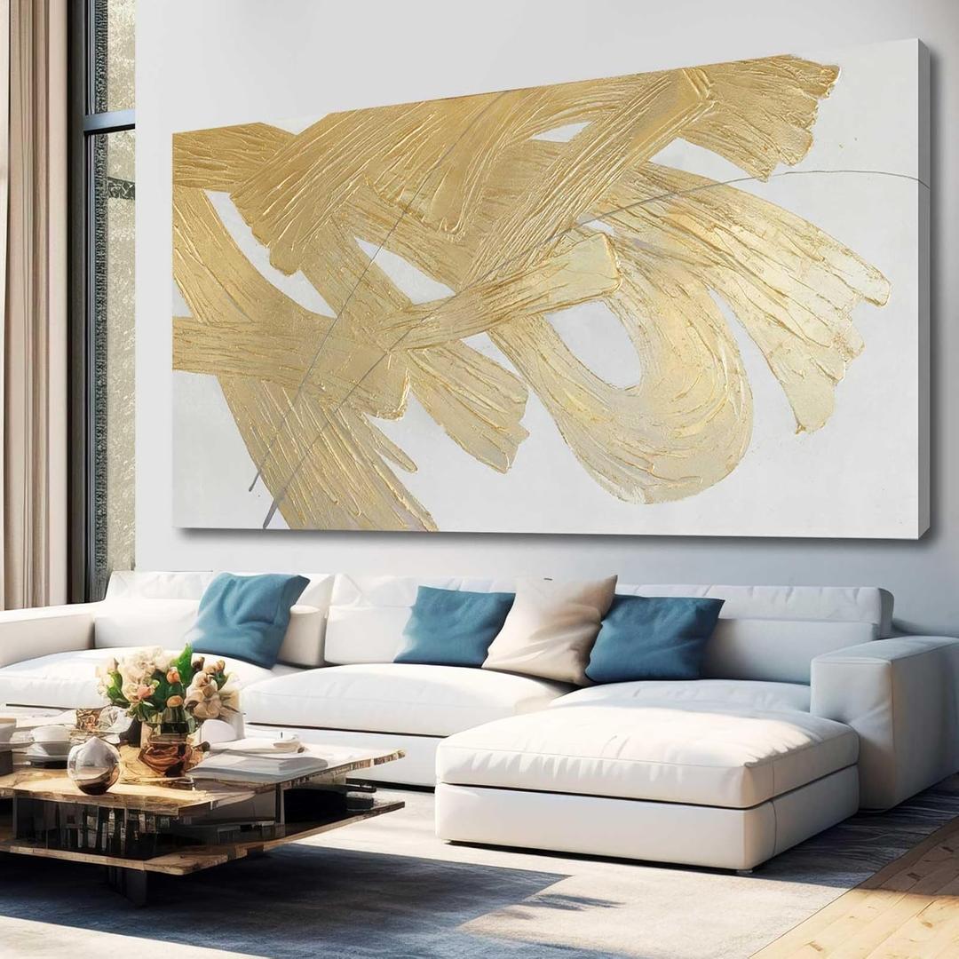 XIANSHOU Wall Decorations for Living Room Gold and White Abstract Canvas Art Oil Painting Large Minimalist Decor Wall Art for Office Bedroom Home 29"x 58"