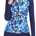 Women's Rash Guard 2 Piece Swimsuit UPF 50 Long Sleeve Zipper Swim Top with Boyshorts Surfing Swimming (Large, Blue)